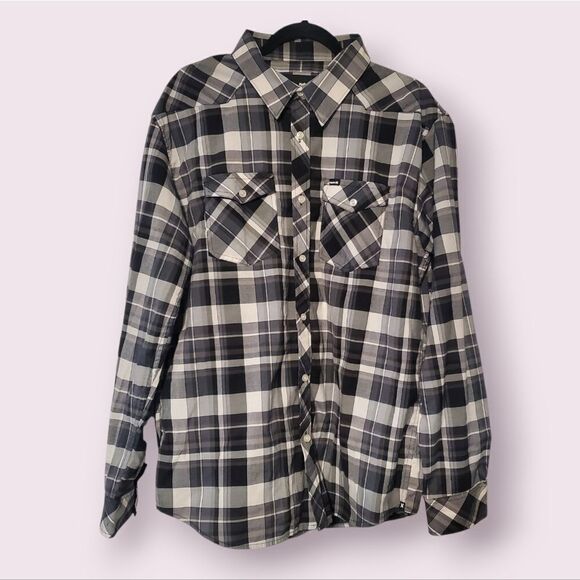 Hurley Shirt Mens XL Gray Black Tartan Plaid Button Up Long Sleeve Surfer Preppy - Picture 1 of 4